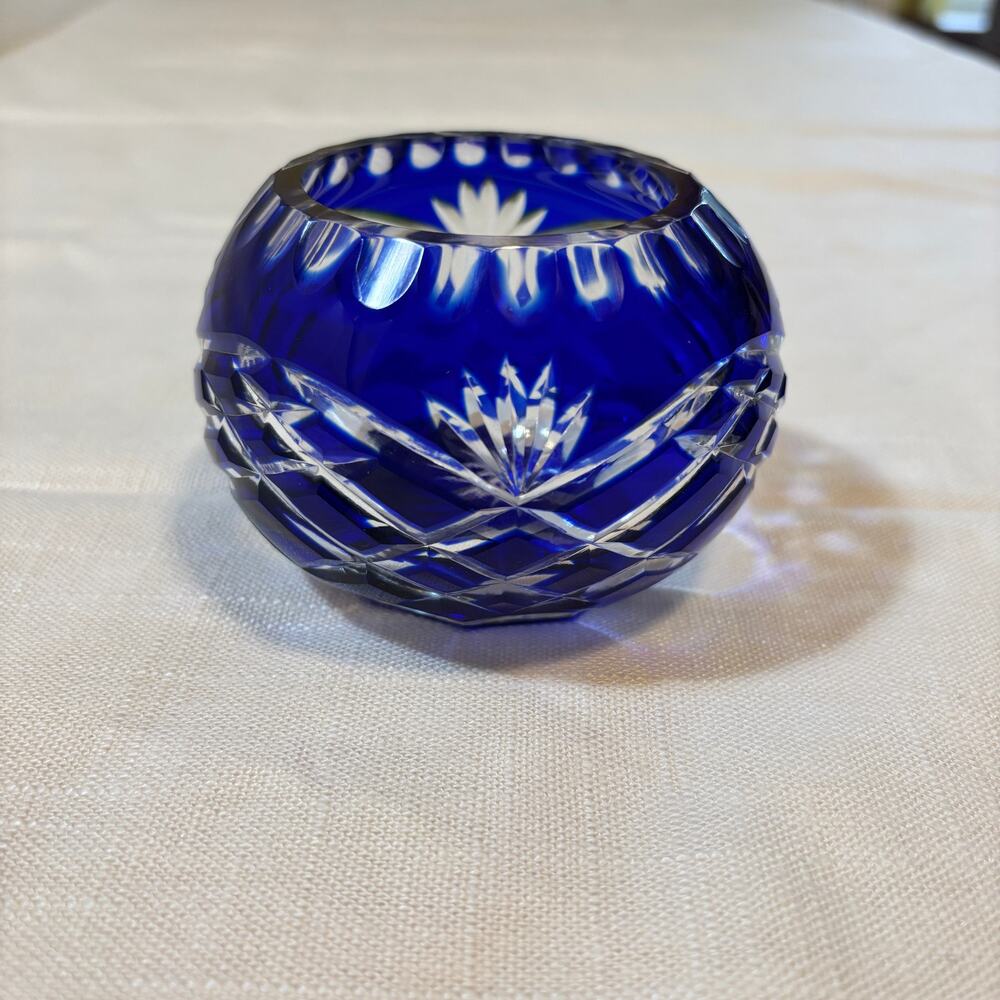 Vintage Cobalt Blue Cut to Clear Crystal Mini Bowl Starburst Bohemian Style